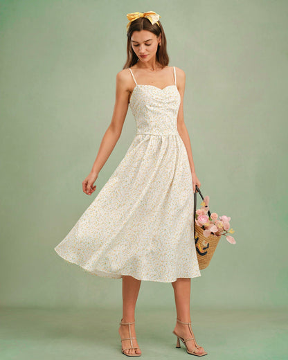 Yellow Sweetheart Neck Floral Slip Midi Dress