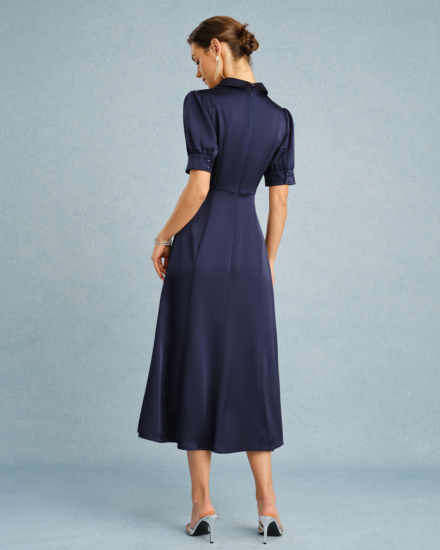 Navy Collar Puffed Sleeve Satin Midi Dress