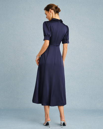 Navy Collar Puffed Sleeve Satin Midi Dress