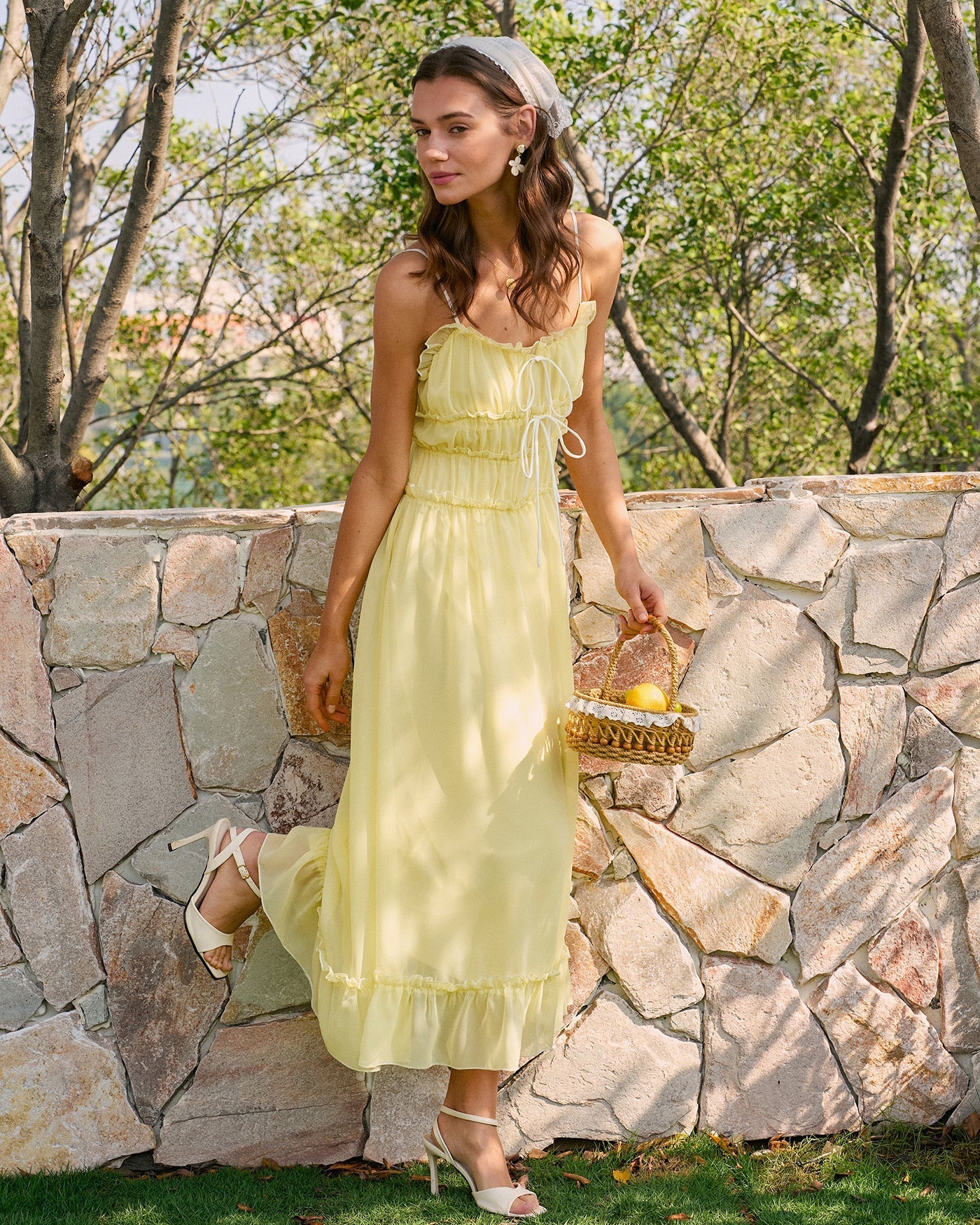 Yellow Sweetheart Neck Ruffle Midi Dress