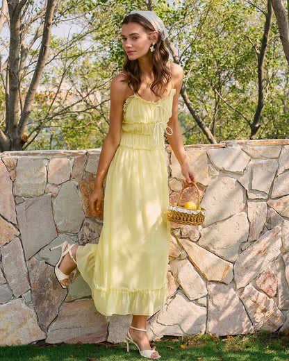 Yellow Sweetheart Neck Ruffle Midi Dress