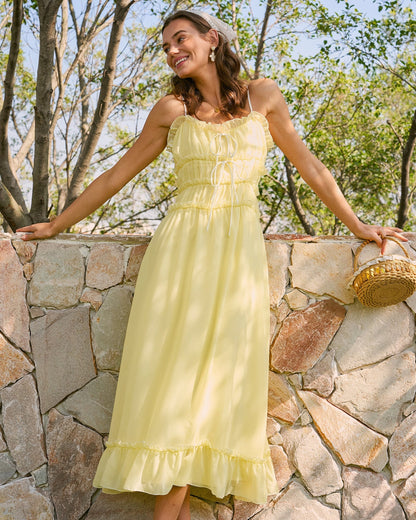 Yellow Sweetheart Neck Ruffle Midi Dress