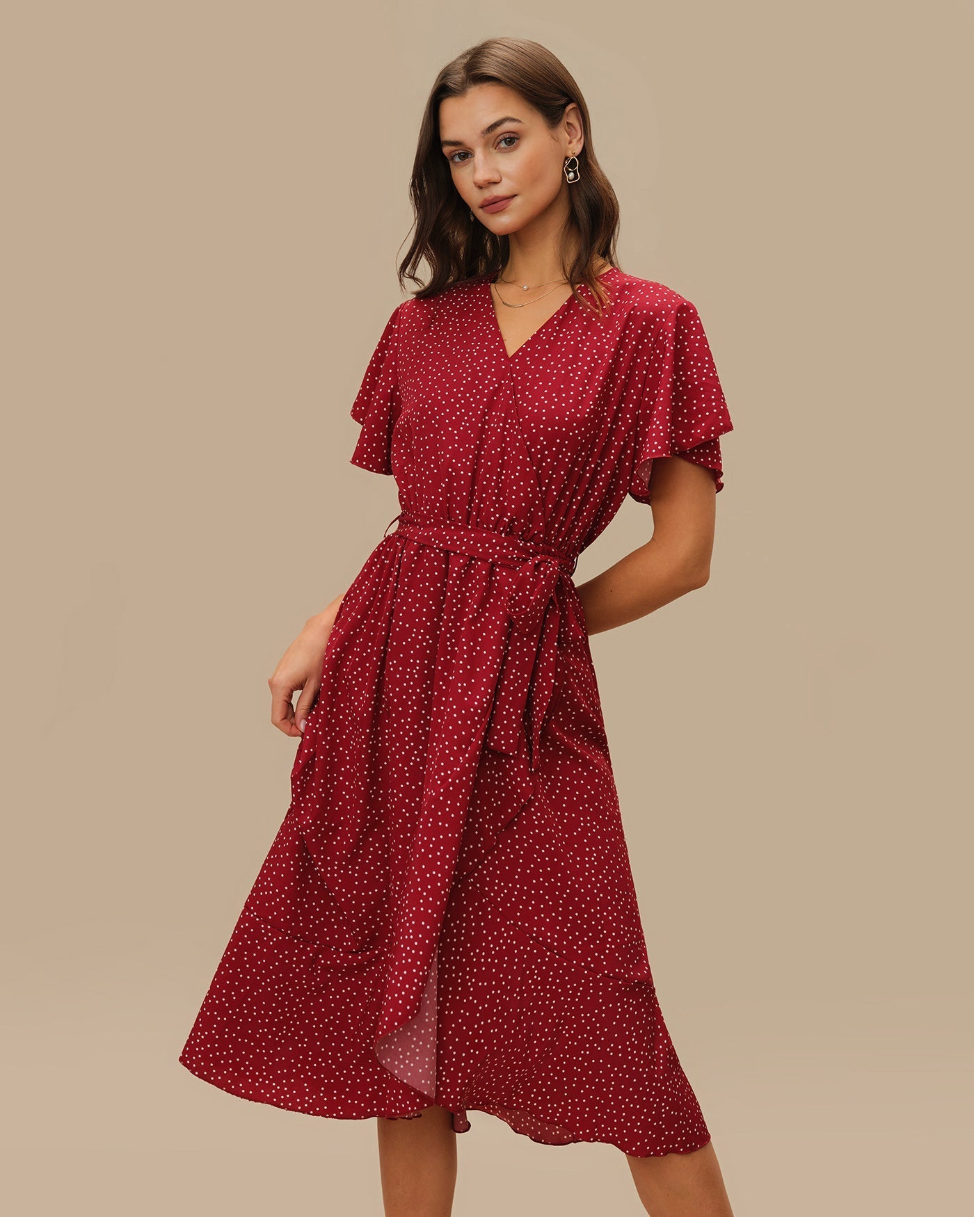 Red Butterfly Sleeve Polka Dot Midi Dress