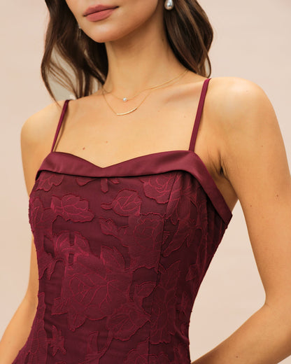 Wine Red Sweetheart Neck Jacquard Slip Midi Dress