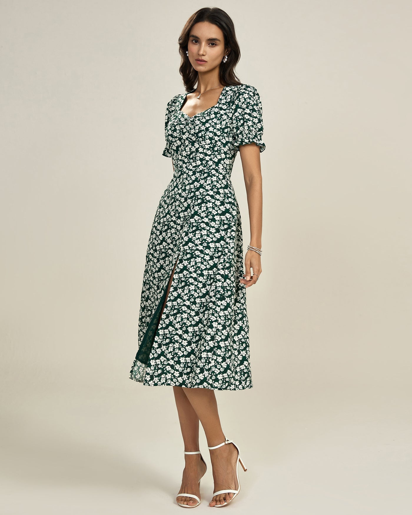 Green Floral V Neck Midi Dress