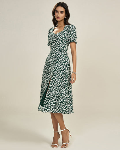 Green Floral V Neck Midi Dress