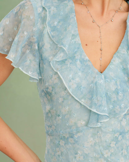 Blue V Neck Floral Ruffle Midi Dress