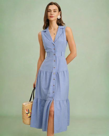 Blue V Neck Button Midi Dress