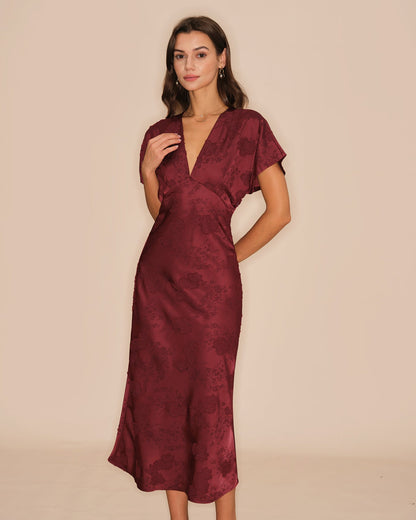 Wine Red V Neck Jacquard Midi Dress