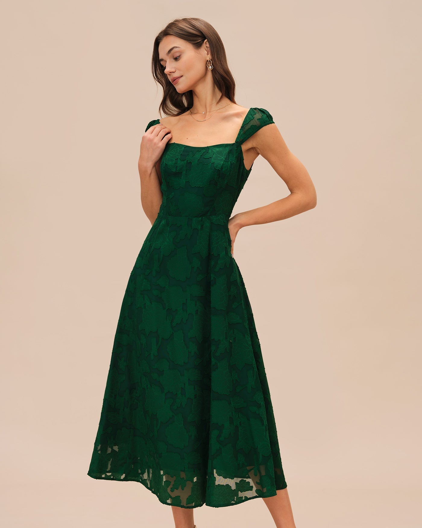 Green Jacquard Cap Sleeve Midi Dress