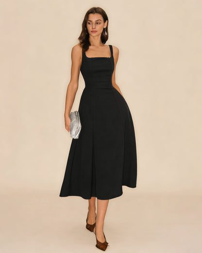 Black Solid Zipper Slip Midi Dress
