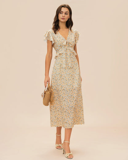Yellow V Neck Floral Ruffle Midi Dress