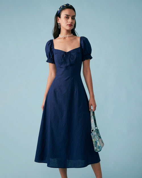 Navy V Neck Puffed Sleeve Midi Dress
