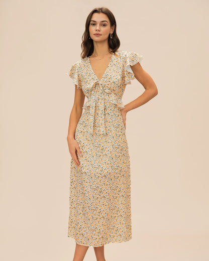 Yellow V Neck Floral Ruffle Midi Dress