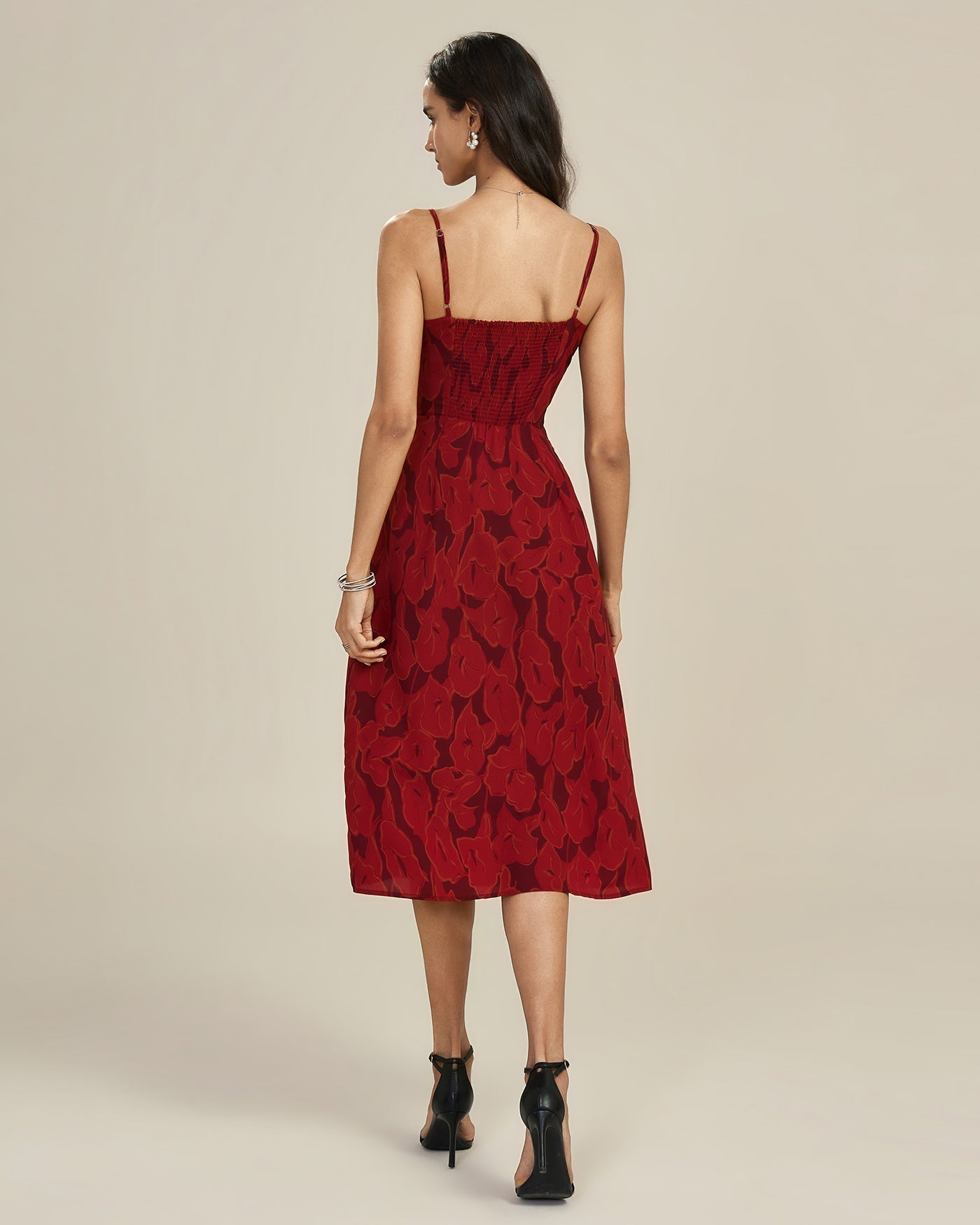 Red Shirred Floral Slip Midi Dress