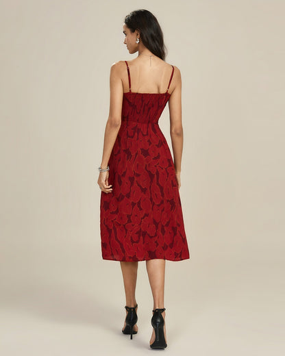 Red Shirred Floral Slip Midi Dress