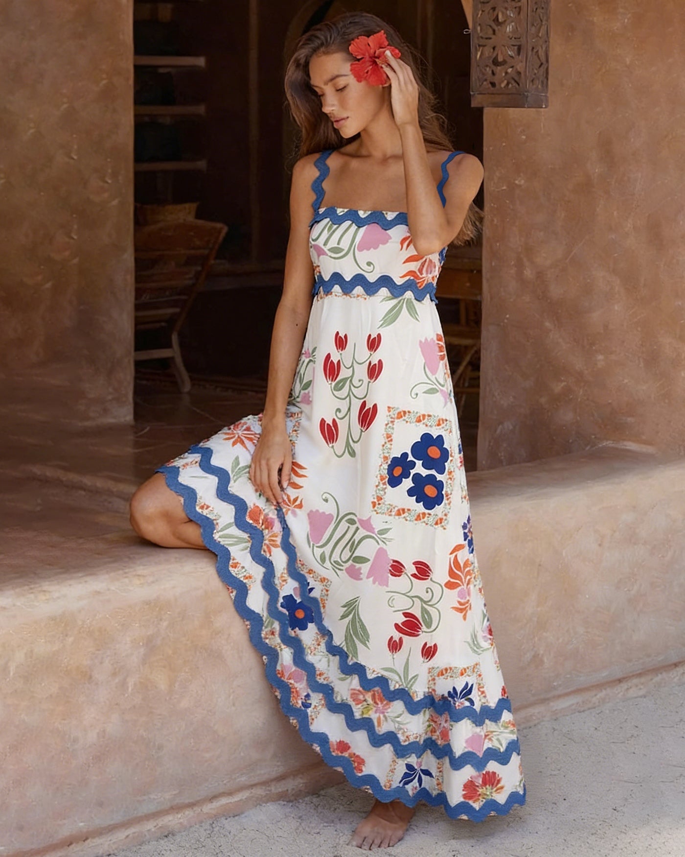 Floral Splicing Contrasting Slip Midi Dress