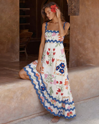 Floral Splicing Contrasting Slip Midi Dress