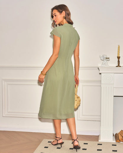 Green Mandarin Collar Chiffon Midi Dress
