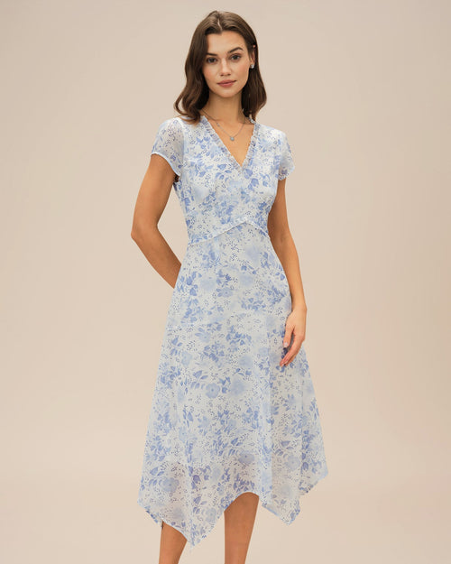 Blue V Neck Floral Midi Dress