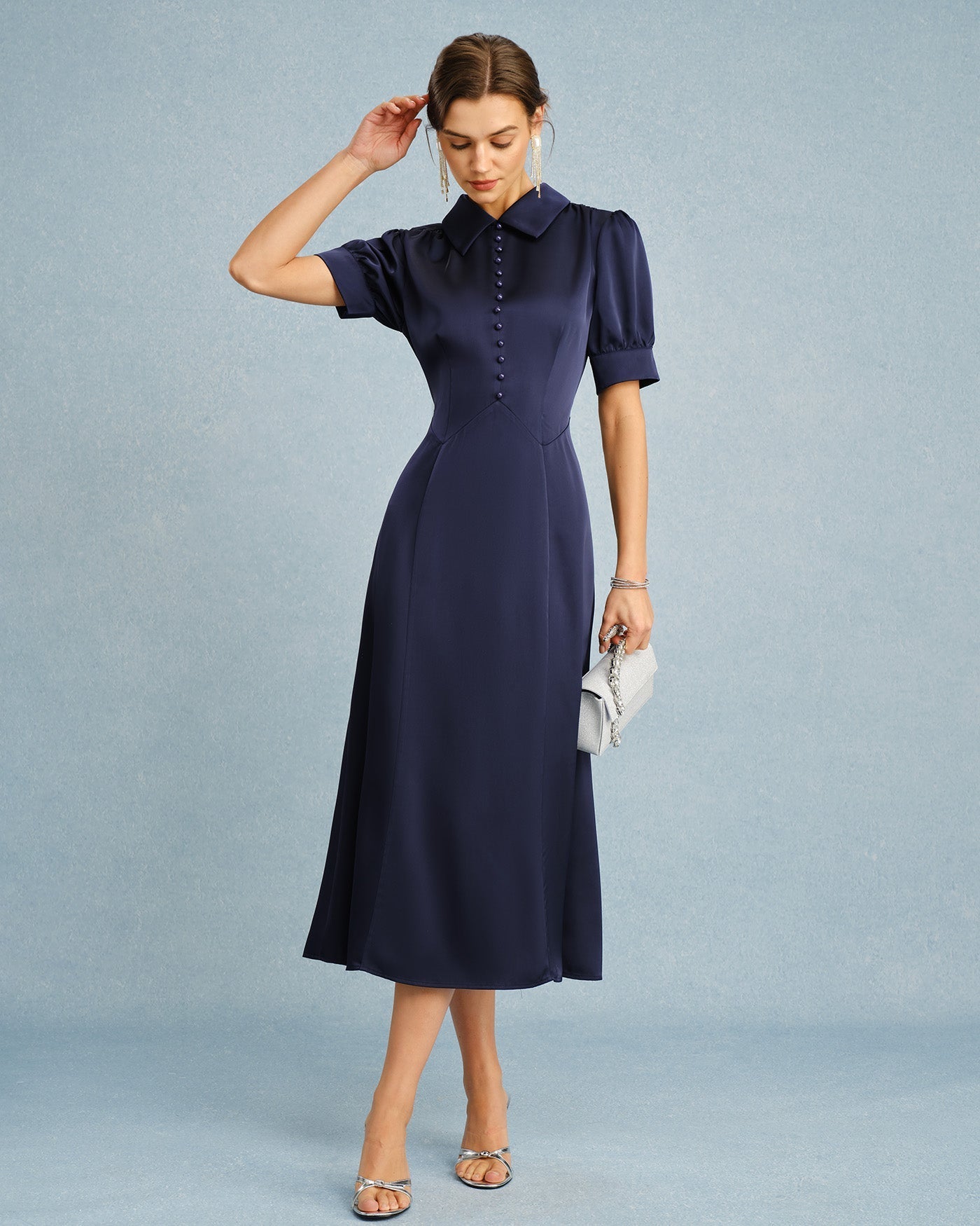 Navy Collar Puffed Sleeve Satin Midi Dress