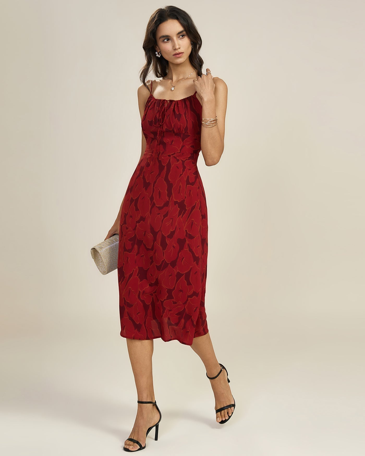 Red Shirred Floral Slip Midi Dress