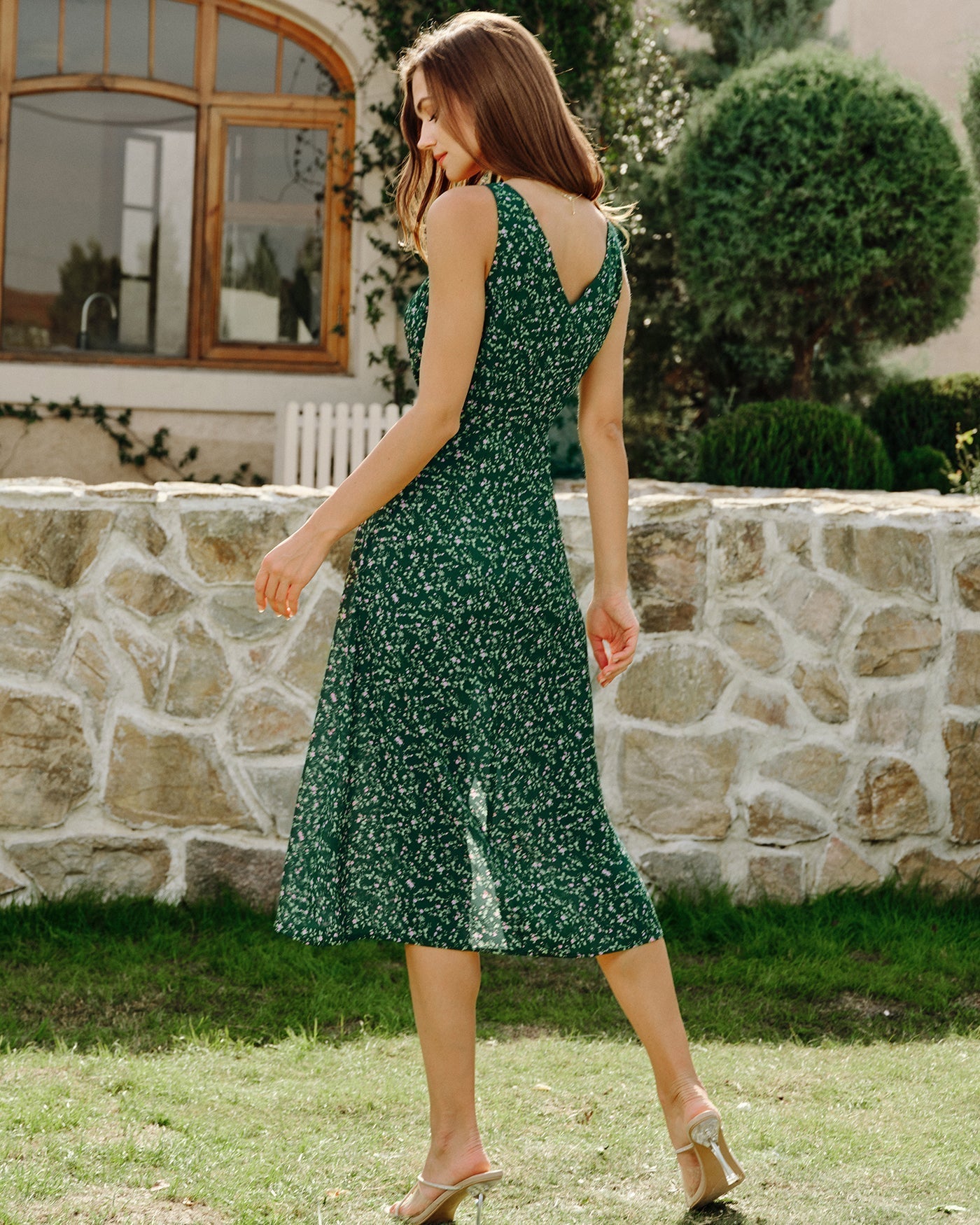 Green V Neck Floral Midi Dress
