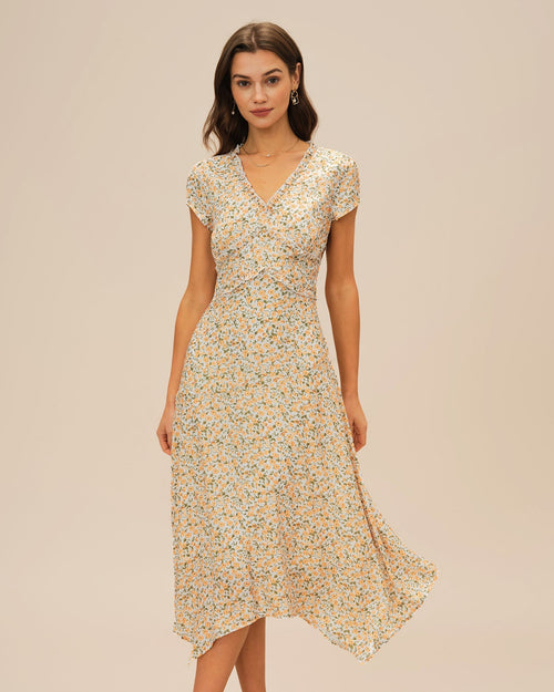 Yellow V Neck Floral Midi Dress
