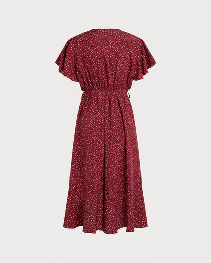 Red Butterfly Sleeve Polka Dot Midi Dress