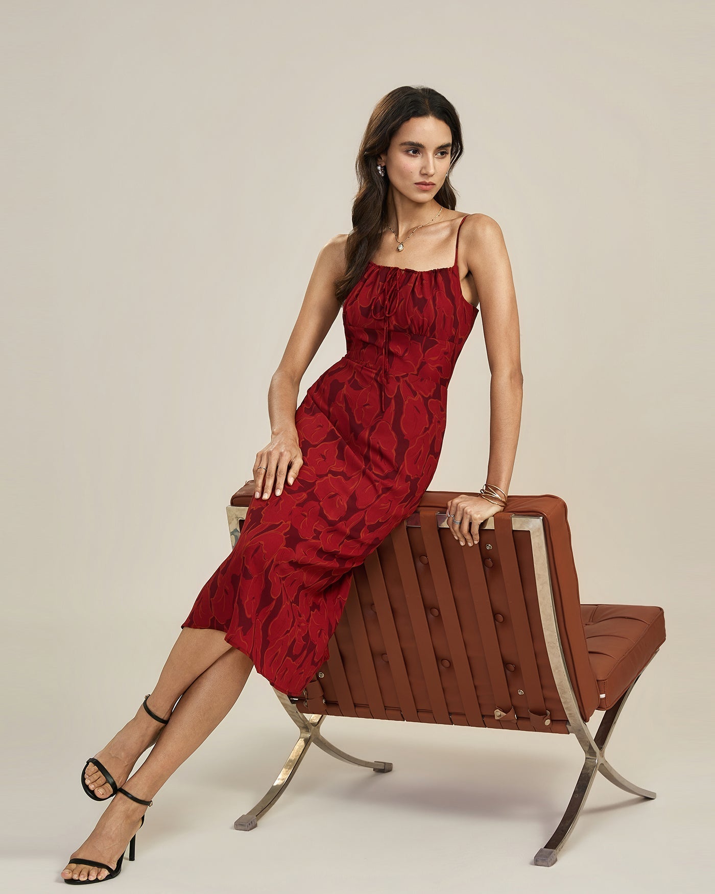 Red Shirred Floral Slip Midi Dress