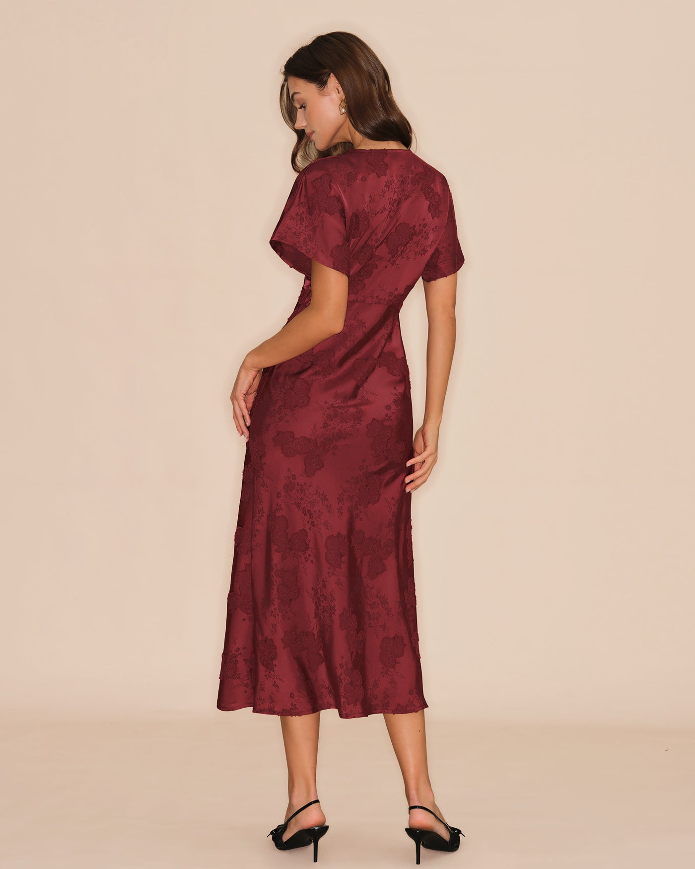 Wine Red V Neck Jacquard Midi Dress