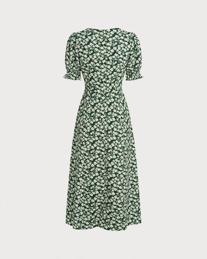 Green Floral V Neck Midi Dress