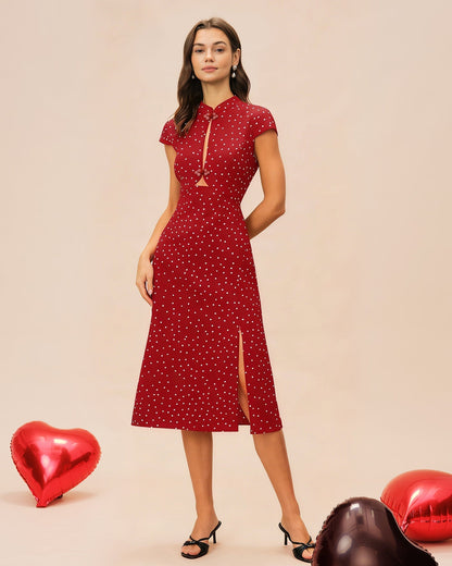 Red Mandarin Collar Polka Dot Midi Dress