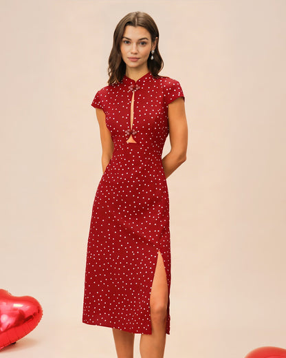 Red Mandarin Collar Polka Dot Midi Dress