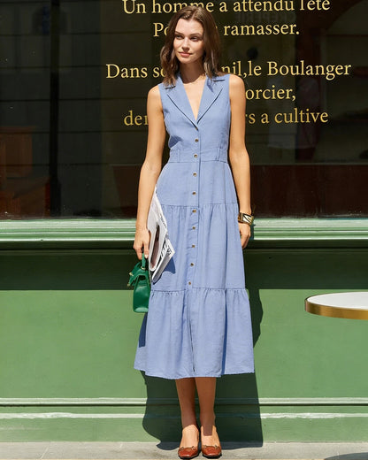 Blue V Neck Button Midi Dress