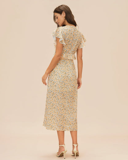 Yellow V Neck Floral Ruffle Midi Dress