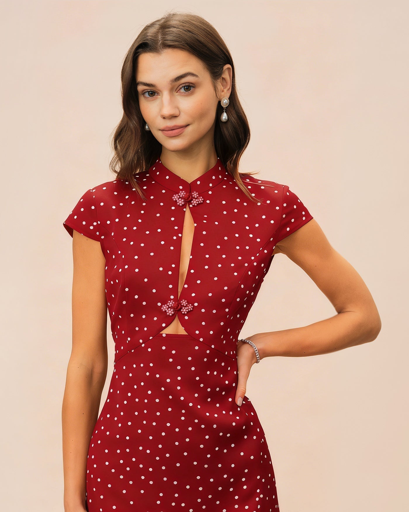 Red Mandarin Collar Polka Dot Midi Dress