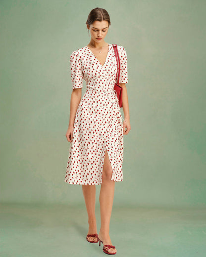 Apricot Floral V Neck Midi Dress