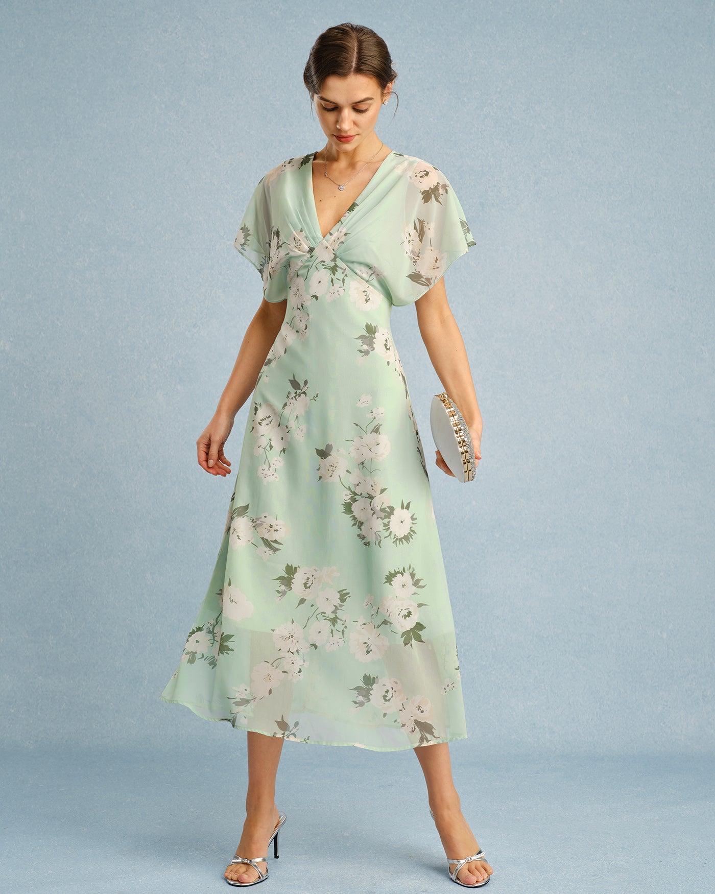 Green V Neck Floral Chiffon Midi Dress