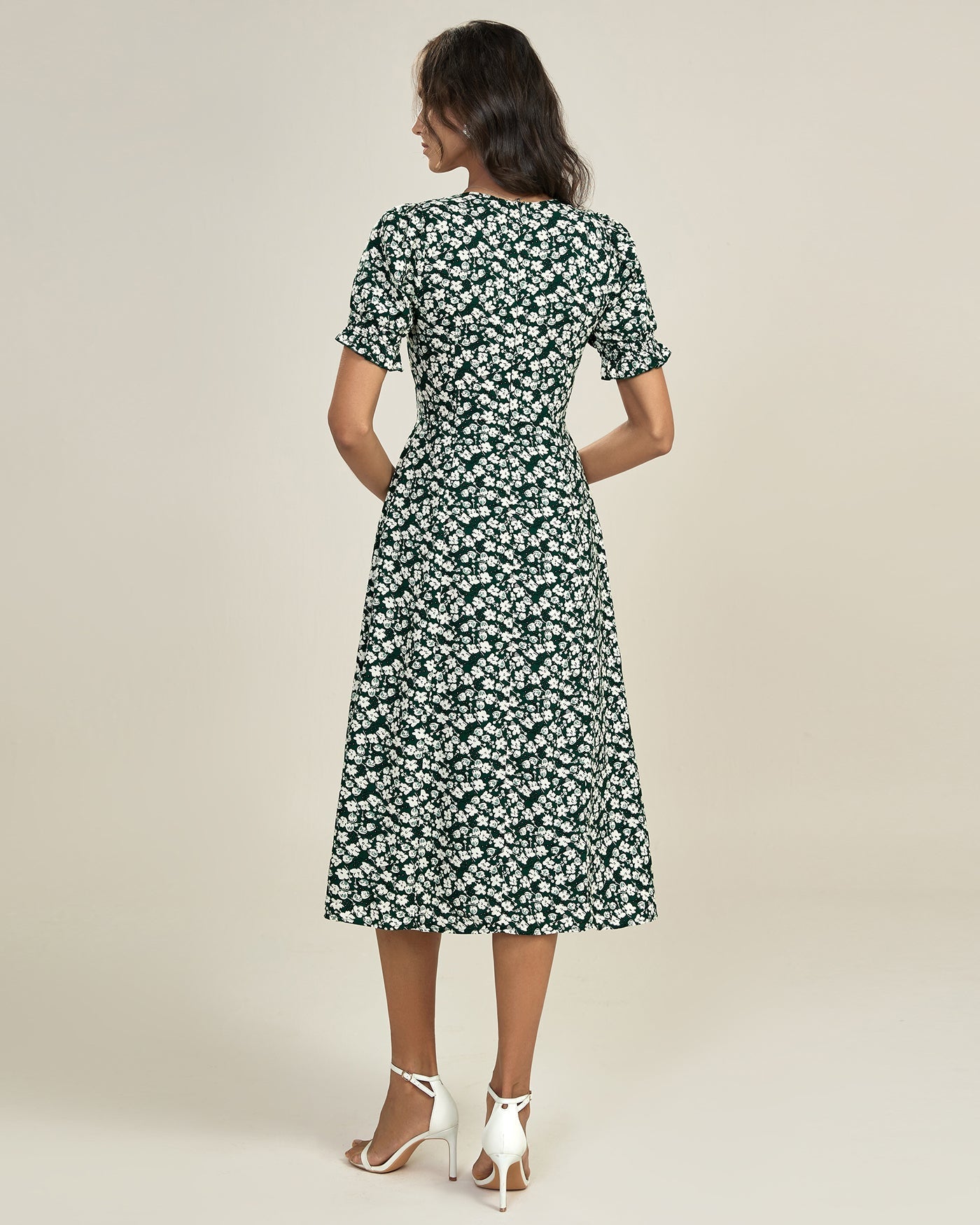 Green Floral V Neck Midi Dress