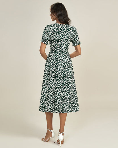 Green Floral V Neck Midi Dress