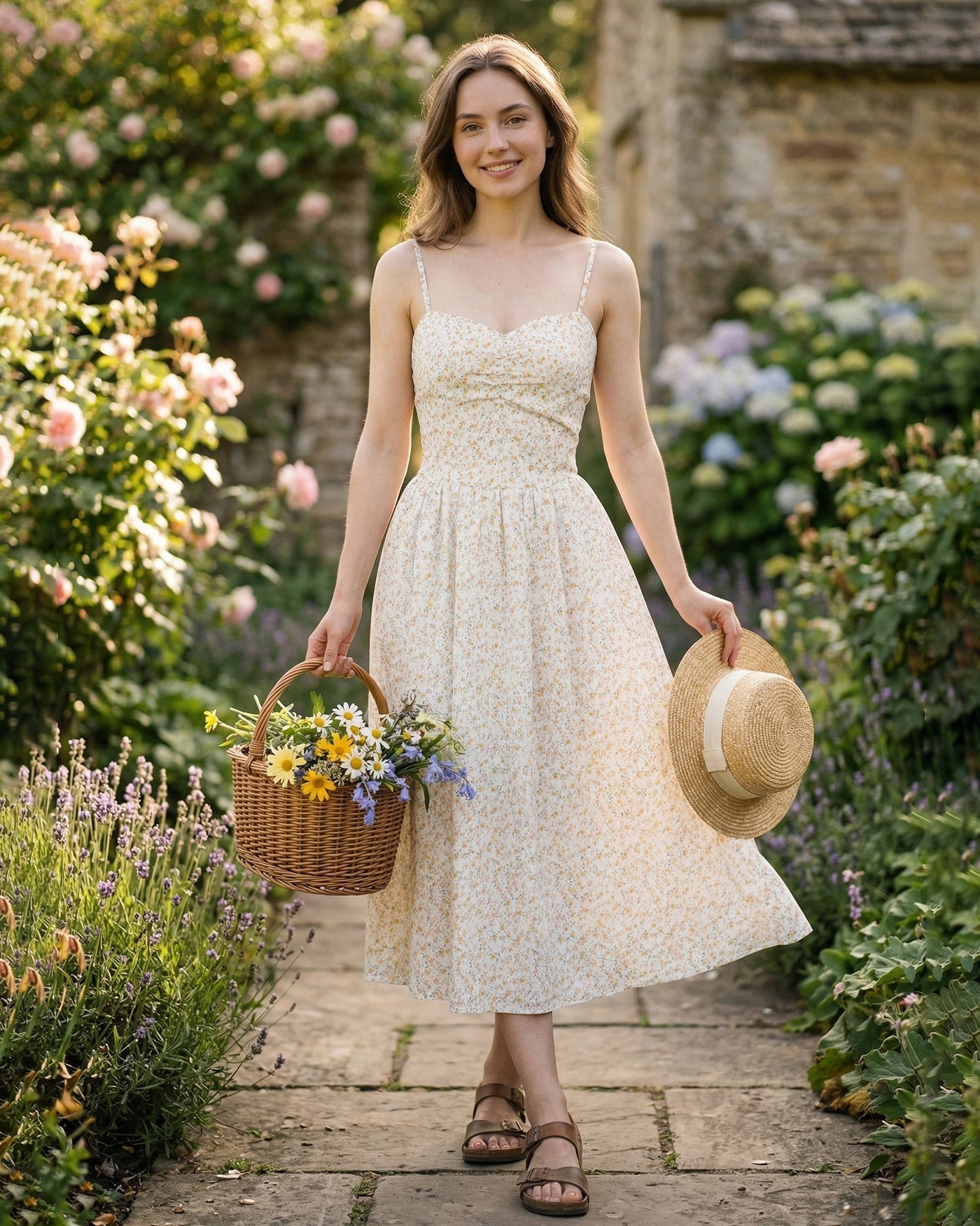 Yellow Sweetheart Neck Floral Slip Midi Dress