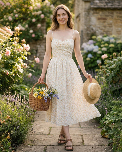 Yellow Sweetheart Neck Floral Slip Midi Dress
