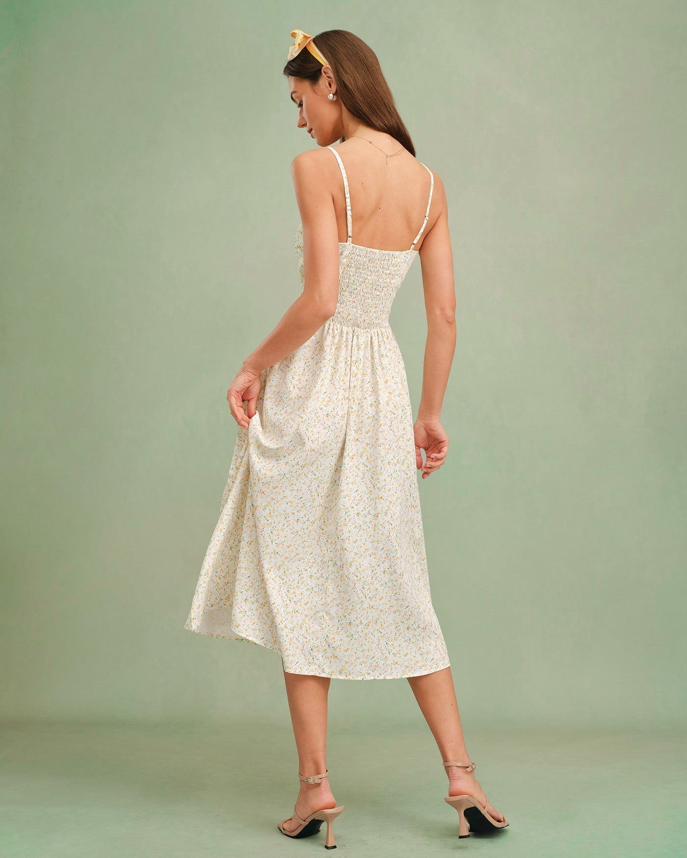 Yellow Sweetheart Neck Floral Slip Midi Dress