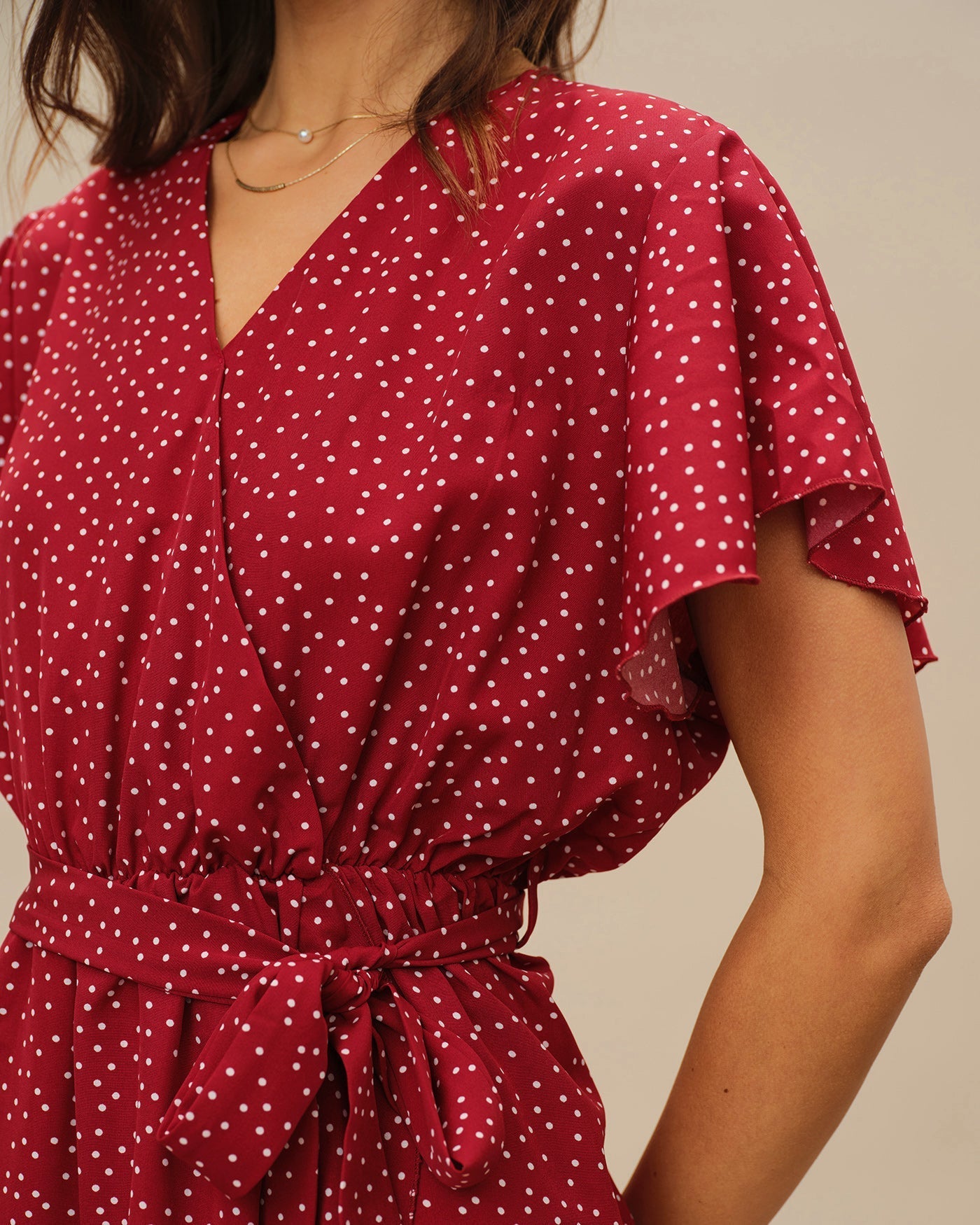Red Butterfly Sleeve Polka Dot Midi Dress
