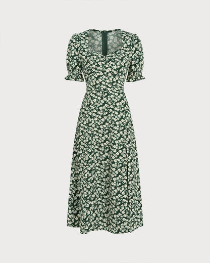 Green Floral V Neck Midi Dress