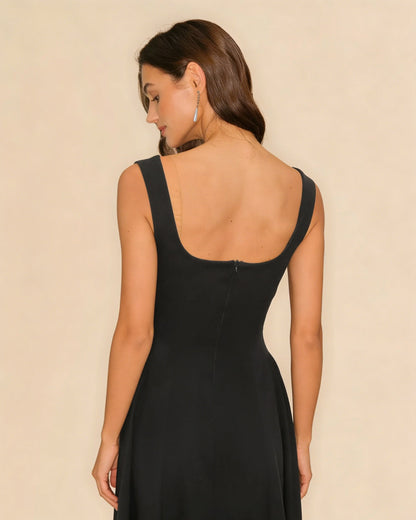 Black Solid Zipper Slip Midi Dress