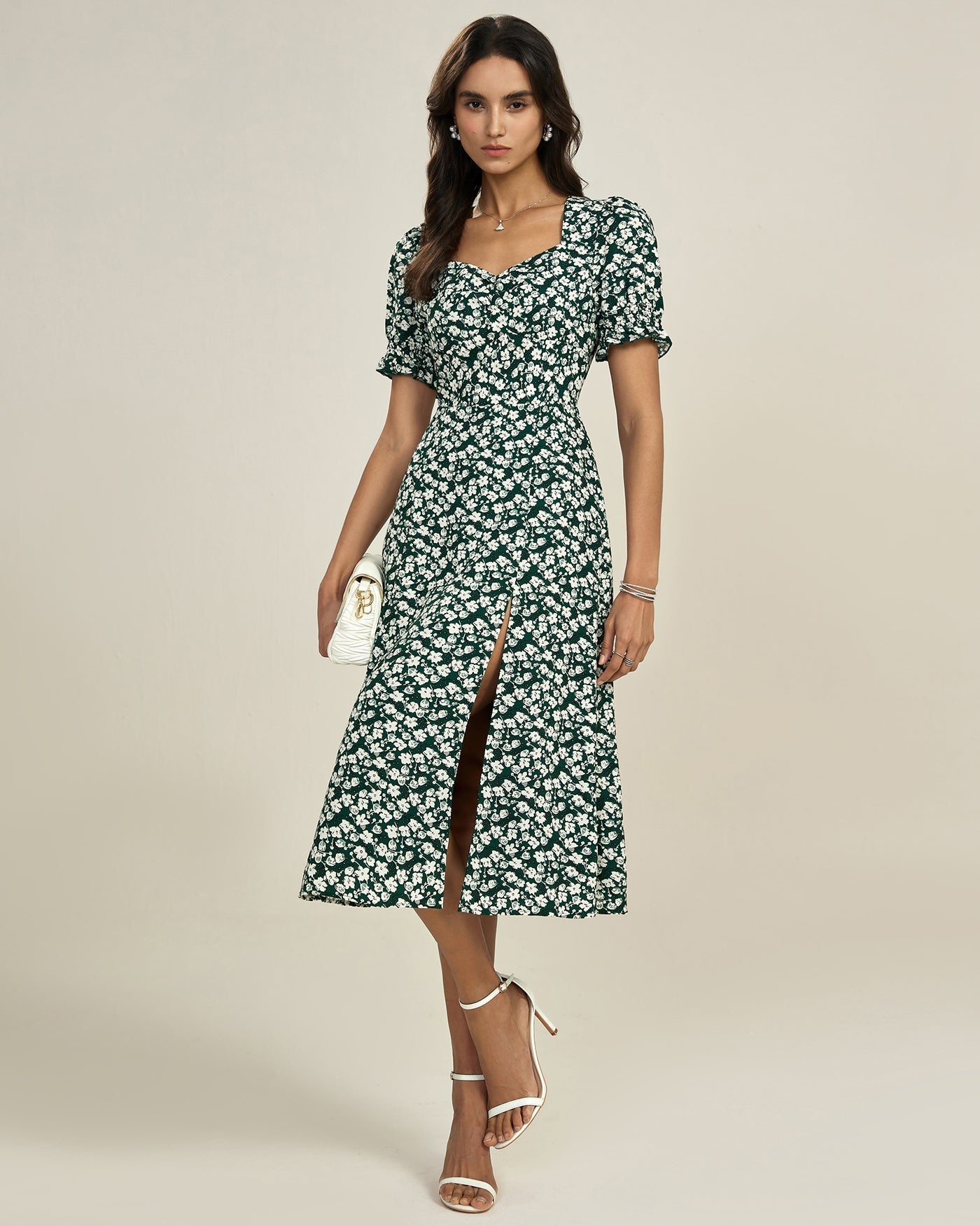 Green Floral V Neck Midi Dress