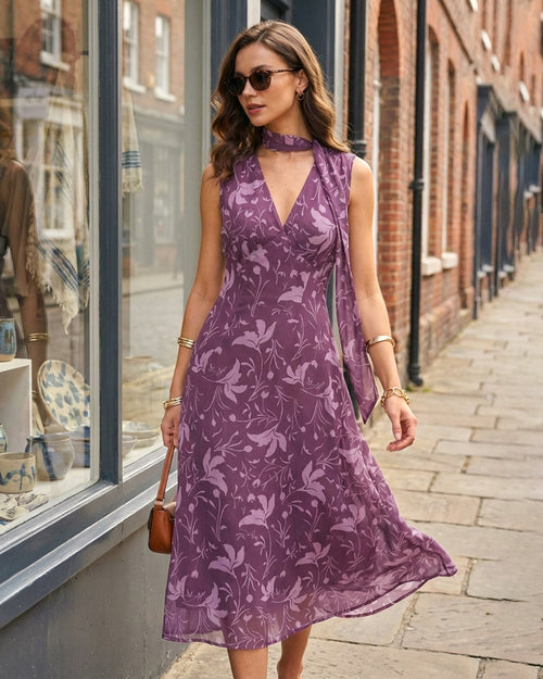 Purple V Neck Floral Chiffon Midi Dress