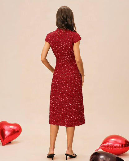 Red Mandarin Collar Polka Dot Midi Dress